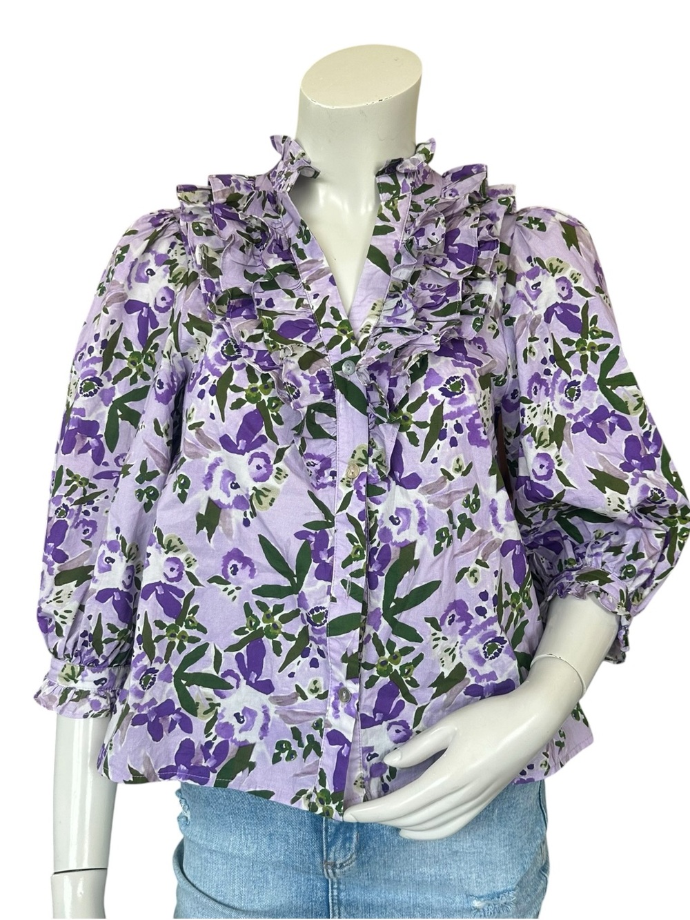 Avara 100% Cotton Purple Floral Puff Sleeve Button Down Blouse Size XS READ